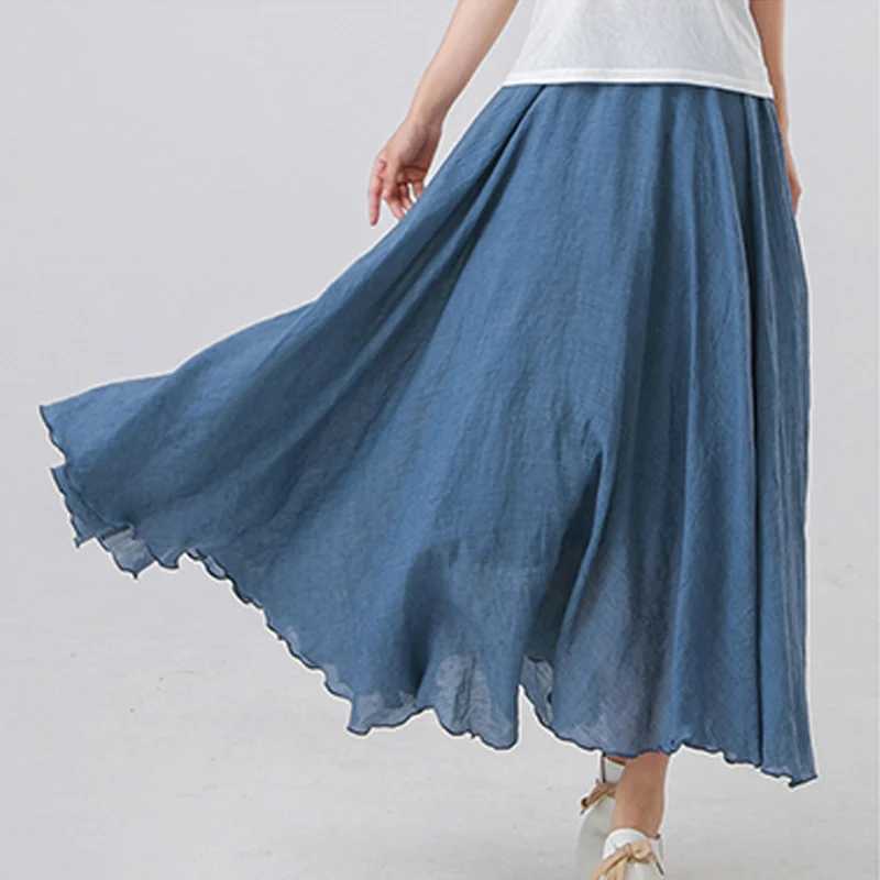 cotton linen long skirt for womens casual elastic high waisted pleated A-Line beach skirt Boho Saia Feminina Faldas Jupe M250424