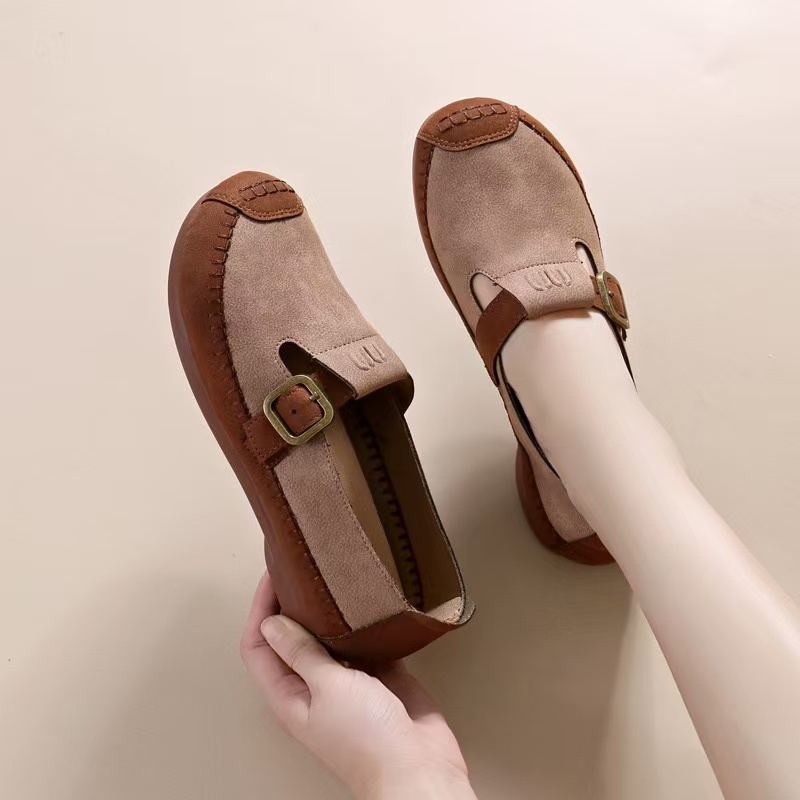 Block Spring/Autumn 2024 Genuine Leather Women Round Toe Chunky Heel Loafers Retro New Pumps T-tied Ladies Shoes fd88