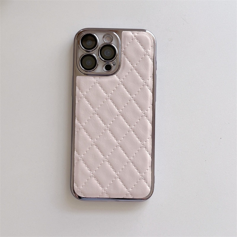 Electroplated Edge Diamond Grid Phone Case Compatible with iPhone 17 Pro Max Solid Color Faux Leather Case iPhone 16/15