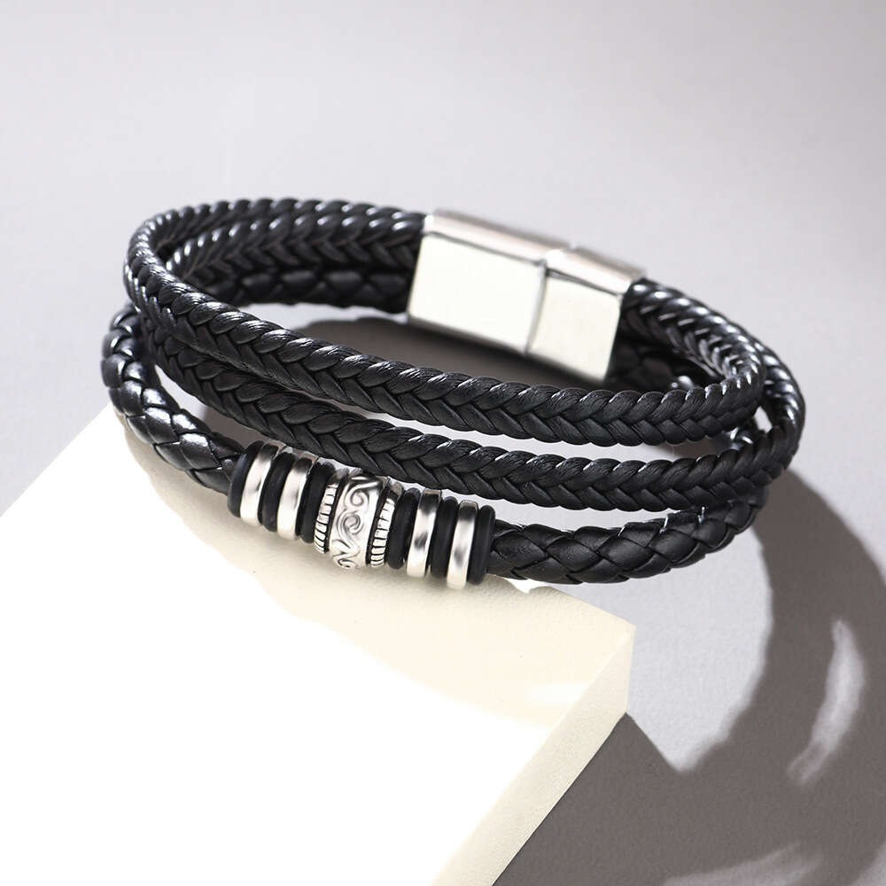 Leather laser metal ring magnetic buckle multi-layer woven PU leather bracelet sample