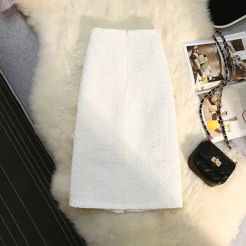 Black white tweed long skirt womens autumn winter new shiny silk womens retro high waisted A-line packaging Skirt Office for women M250424