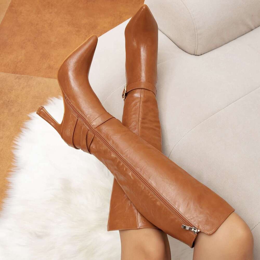 Women's Sexy Pointed Toe Knee-High Boots With Side Zipper - Brown Faux Cover Heels, Stiletto Heels For Weddings, Parties & Casual Outfits, High H