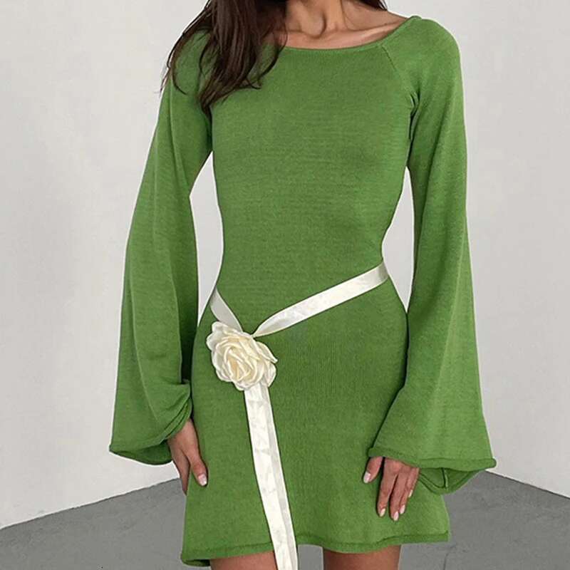 New Sexy Backless Round Collar Cover-Ups Solid Color Knit Beachwear Stylish Horn Sleeve Beach Suit Female Holiday Wrap Dress