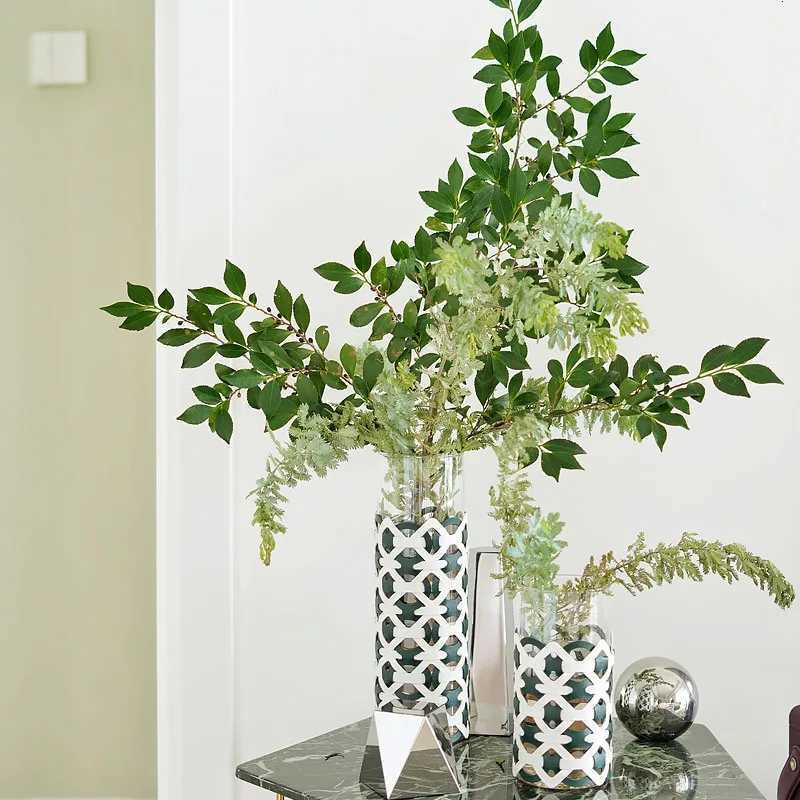 Straight glass vase living room light luxury high-grade hand-woven leather ornament flower decoration C251124