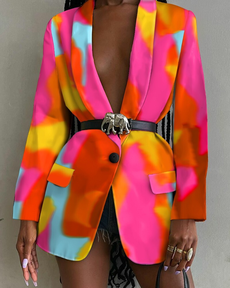 2021 autumn new fashion printed shawl collar single breasted belt suit coat women