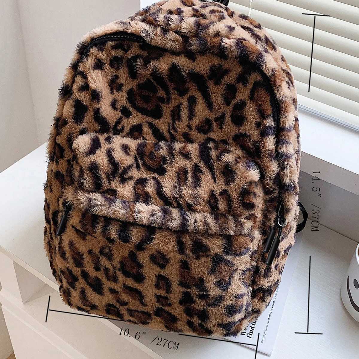 Women Luxury Leopard Print Backpack Brown Pattern Multi Pocket Large Capacity Plush Material Zipper Adjustable Straps Commute H251124