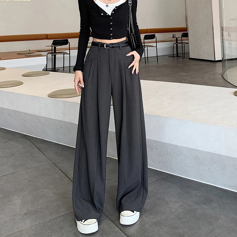 Autumn High Waist Suit Wide Leg Womens Full Pants Female Korean Elegant Minimalism Straight Loose Trousersno belt 250421