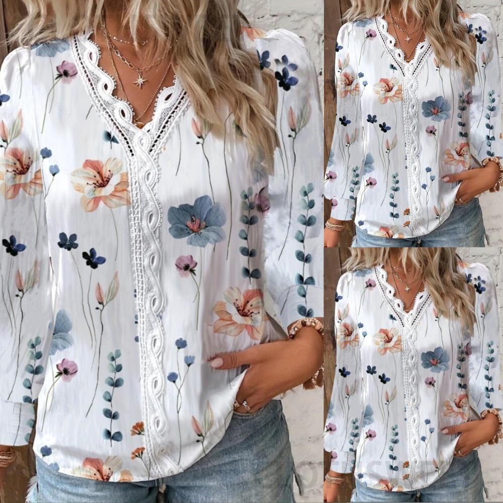 2023 Autumn New Product Long Sleeve V-neck Lace Splicing Shirt for Women