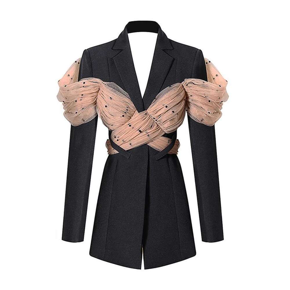 Colorblock Patchwork Mesh Blazer For Women Notched Collar Long Sleeve Backless Slimming Blazers Female Fashion New