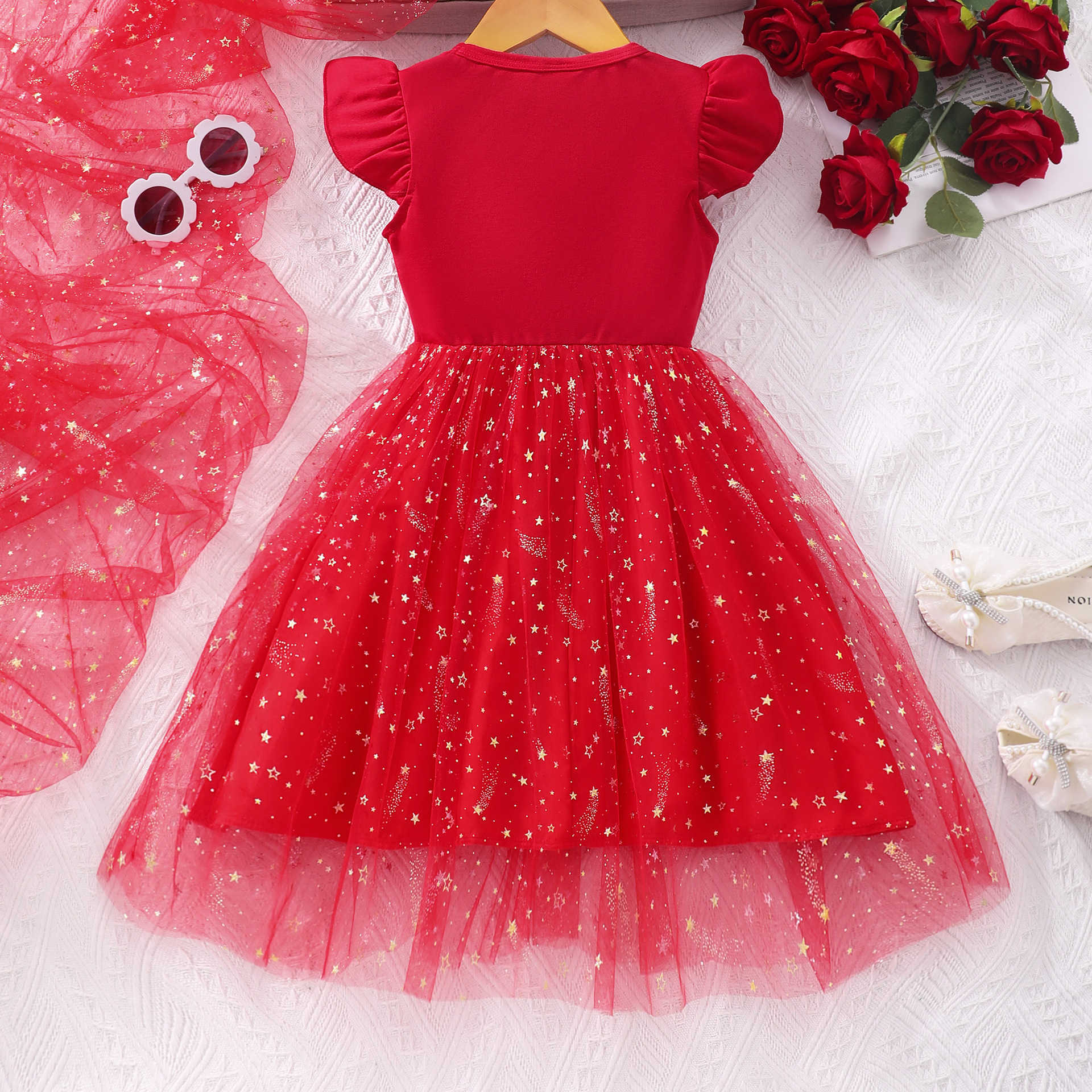 New Summer Flying Sleeve Printed Mesh Dress for Girls Y250423i1dg