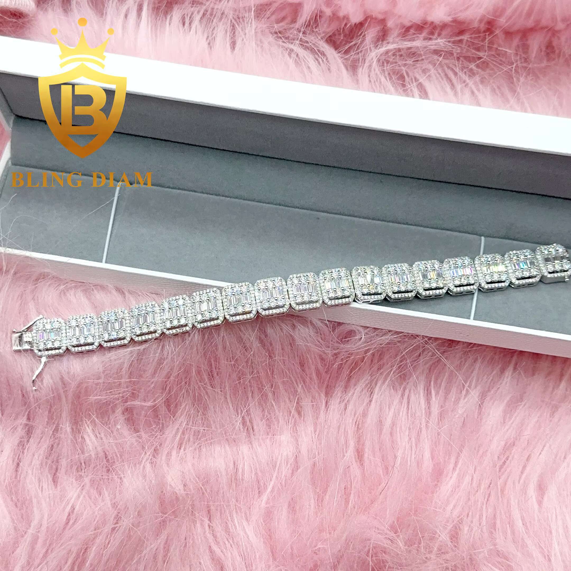 Hip Hop Bling Jewelry 13mm Baguette Tennis Chain Moissanite Ice Out 925 Silver Cluster Moissanite Cuban Chain Necklace Bracelet