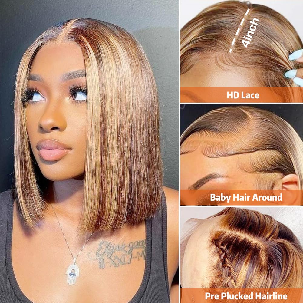 Highlight Blonde Short Bob Human Wigs Hot Sale Bone Straight Glueless HairWigs For Black Women Brazilian Huamn Hair 13x4 HD Front Hair Wig Lace Fronta