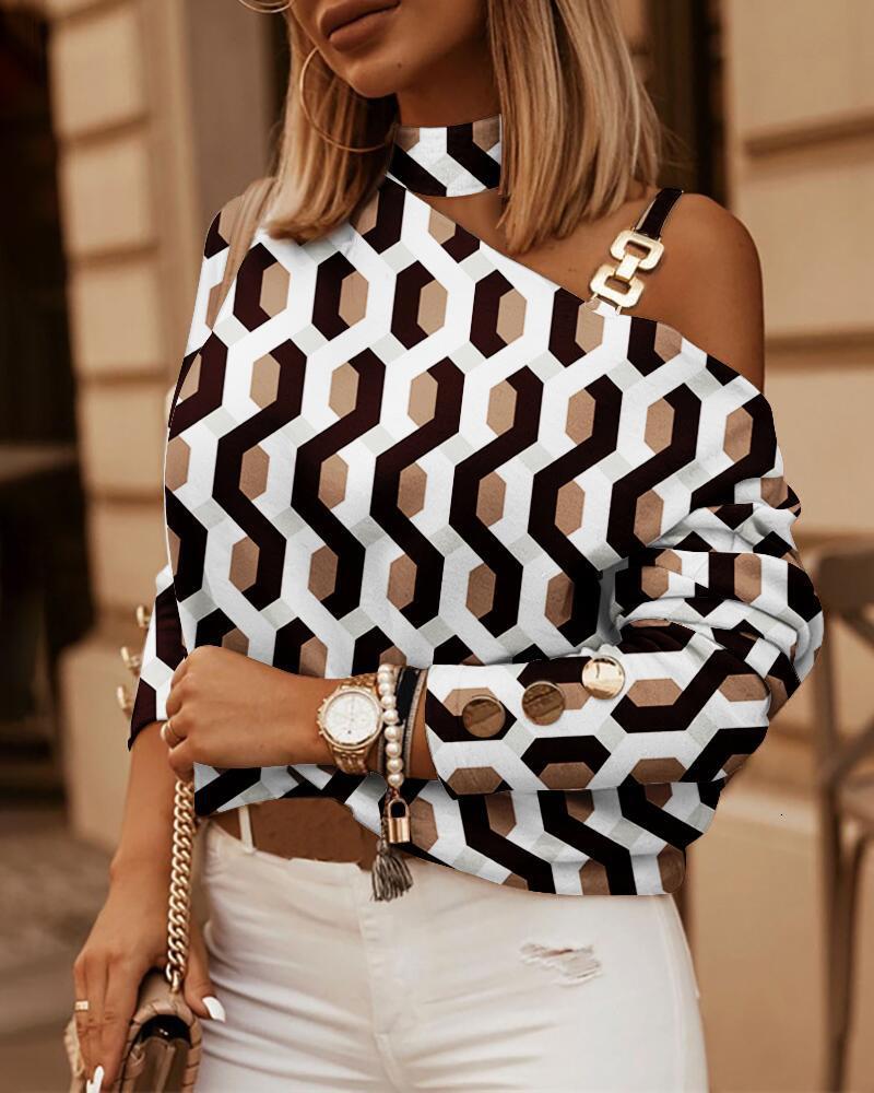 Autumn and Winter 2022 Long Sleeve Chain Neck Print Button Decorative Top Women