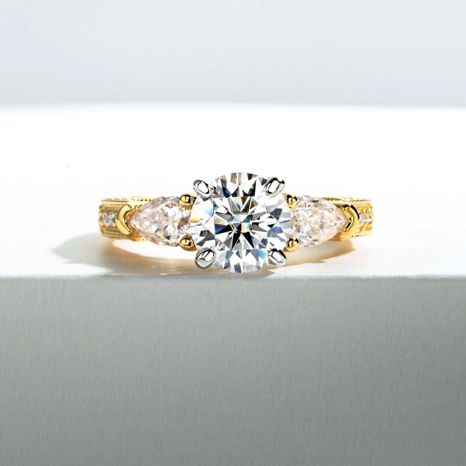Three Stones 3 Ct All Moissanite Engagement Rings 925 Sterling Silver Plated Lab Created Diamond Wedding Band