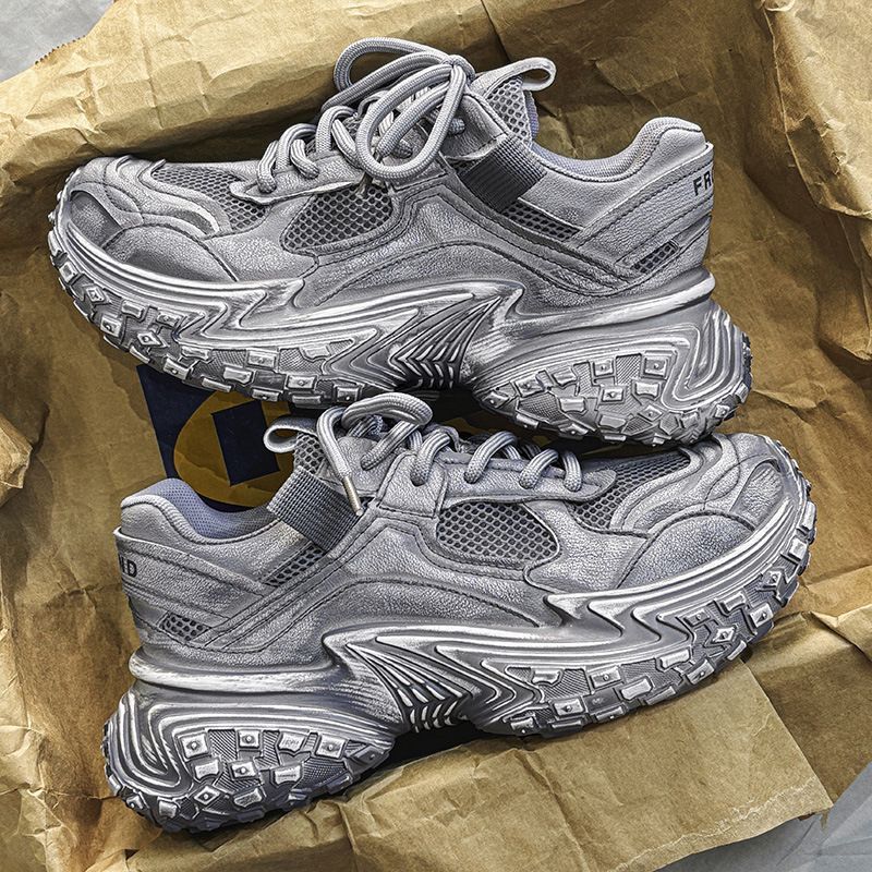 Free shipping men's retro distressed chunky dad sneakers grey mesh platform shoes thick sole fashionable versatile daily wear sports trainers mul