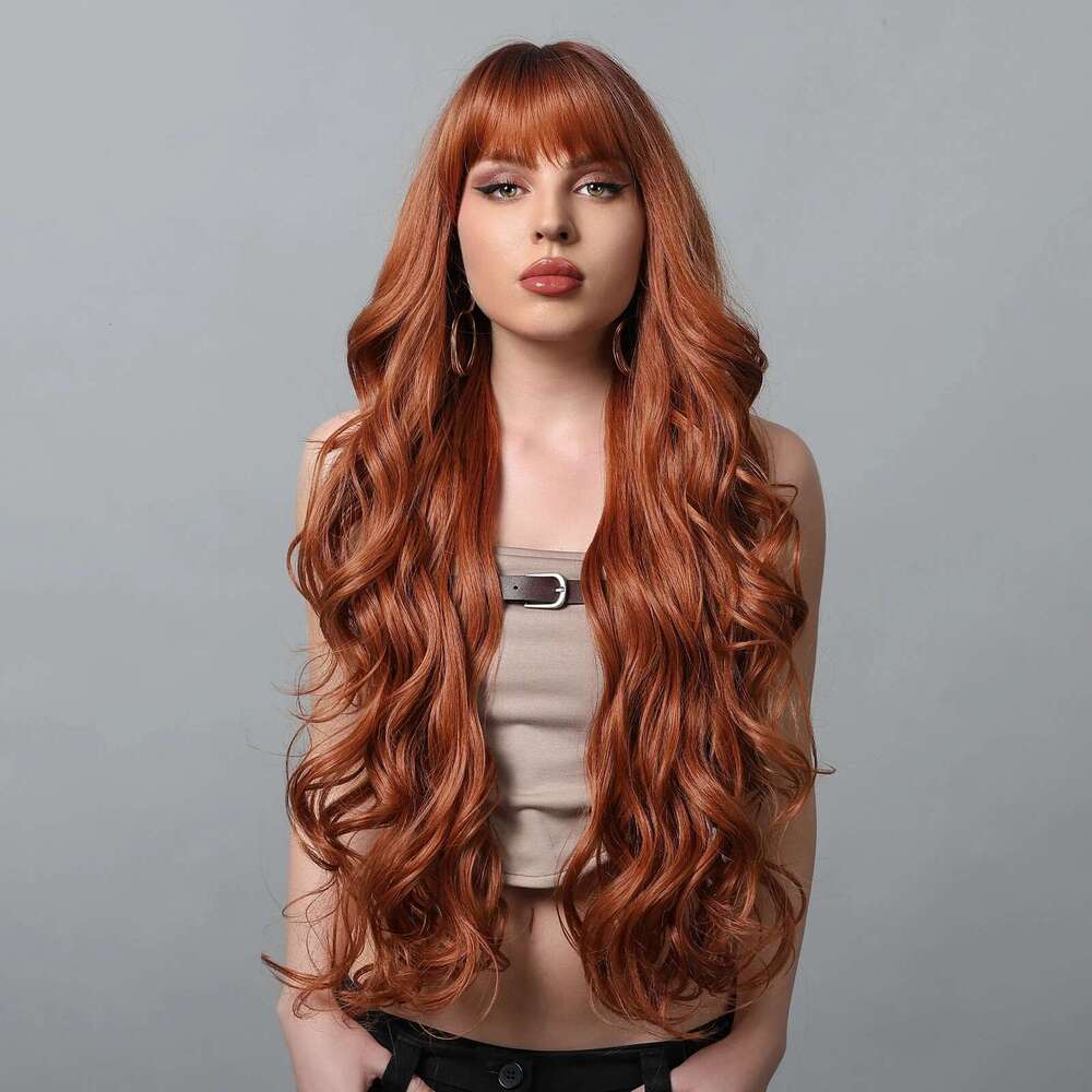 GEMMA Copper Ginger Long Wavy Synthetic Red Brown Wigs With Bangs For Women Natural Hair Cosplay Daily Wig Heat Resistant