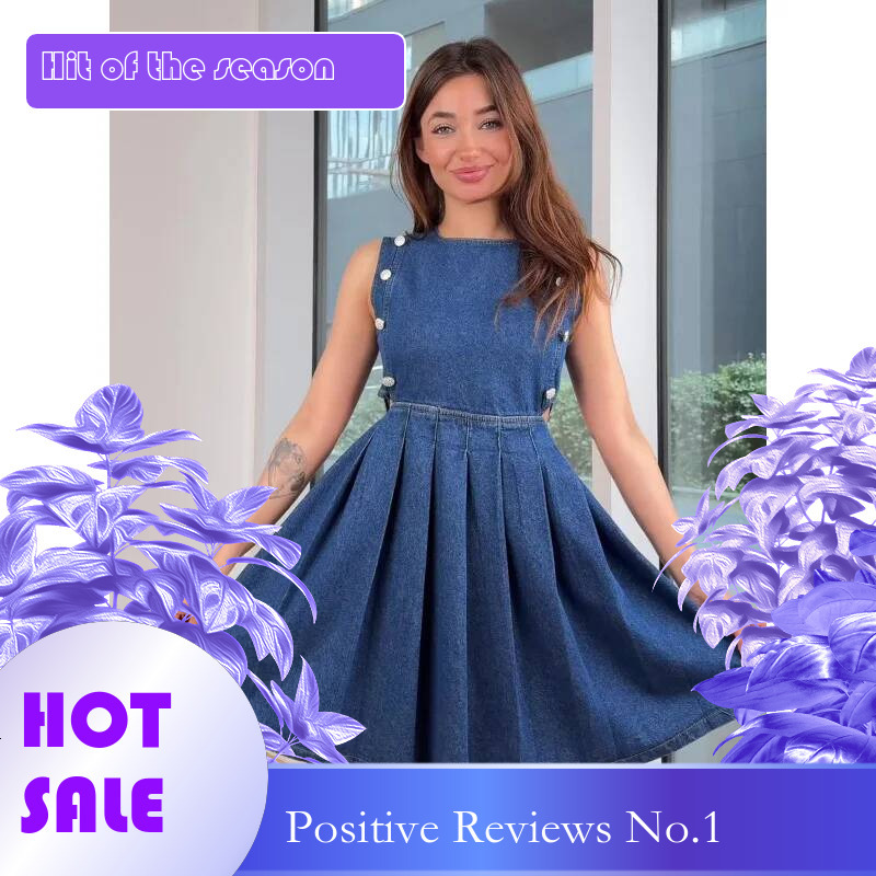 Dongdumaoyi Summer New Style Sense Niche Pleated Round Neck High Waist Denim Temperament Medium Short Dress C