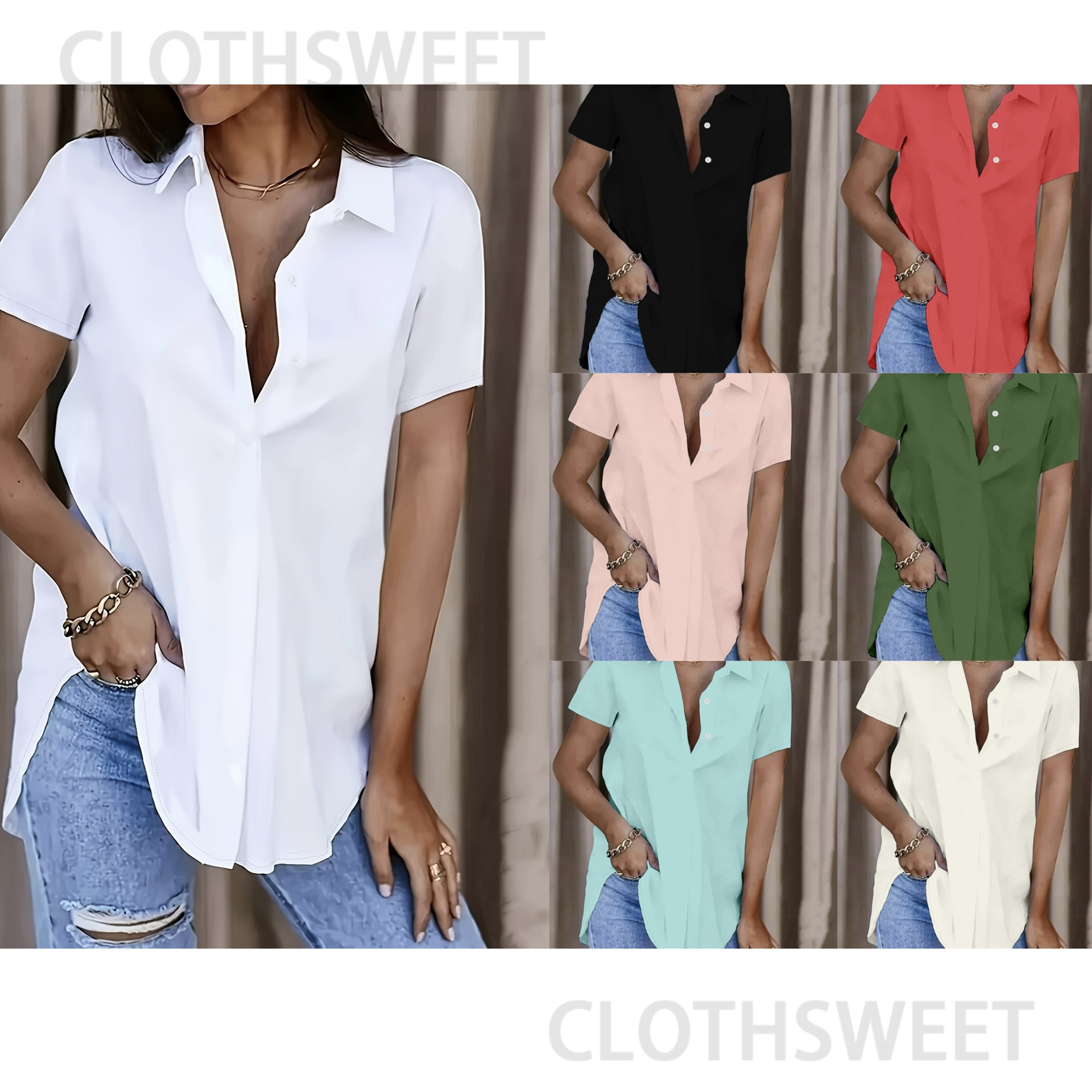 2024 Summer Simple Solid Color V-neck Button Womens Shirt