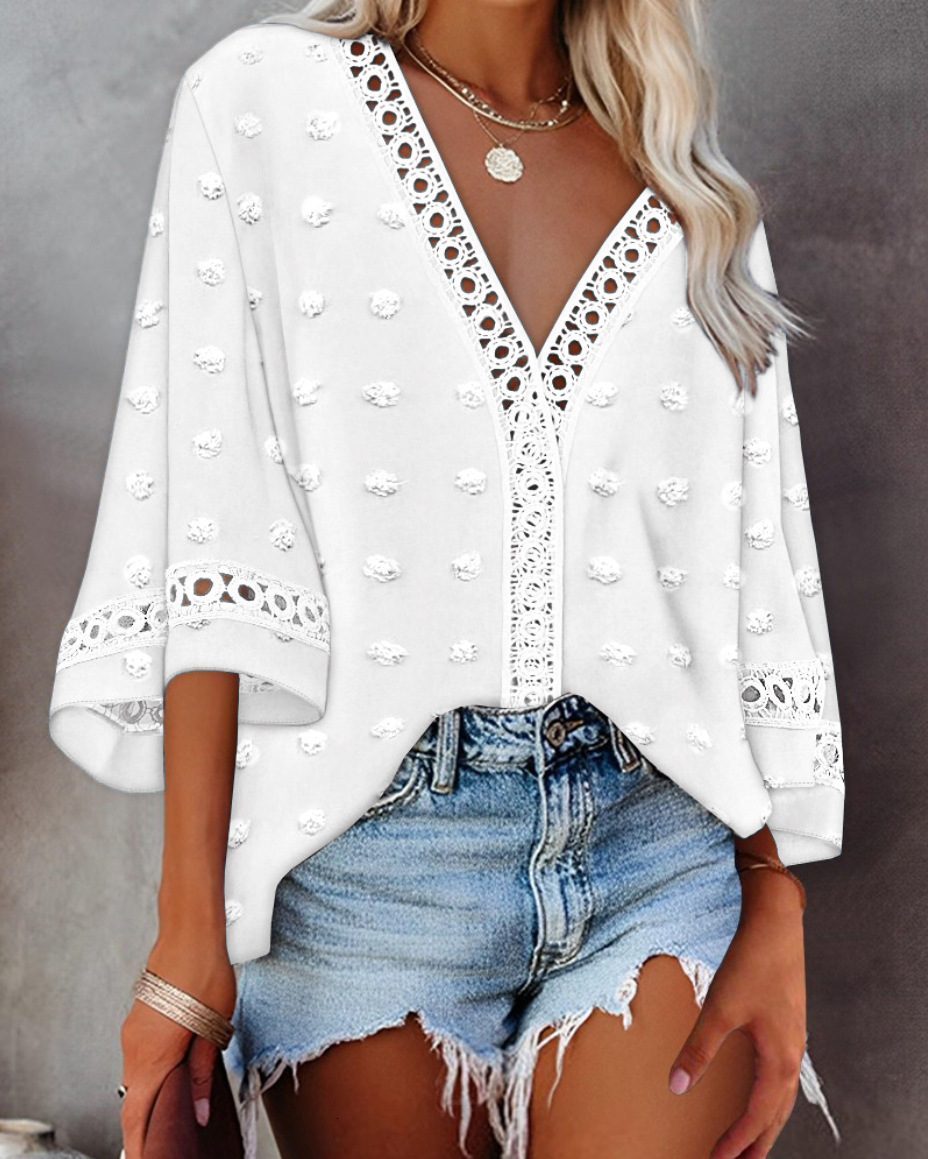 2025 Spring/Summer Style Solid Color V-neck Hollow Lace Shirt Womens Wear