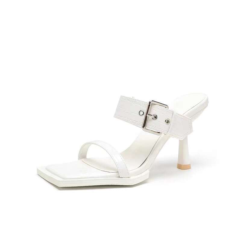 Woman Sandals New Summer Square Open Toe High Slim Heels Lacquer Leather Black Sweet Cool Slippers