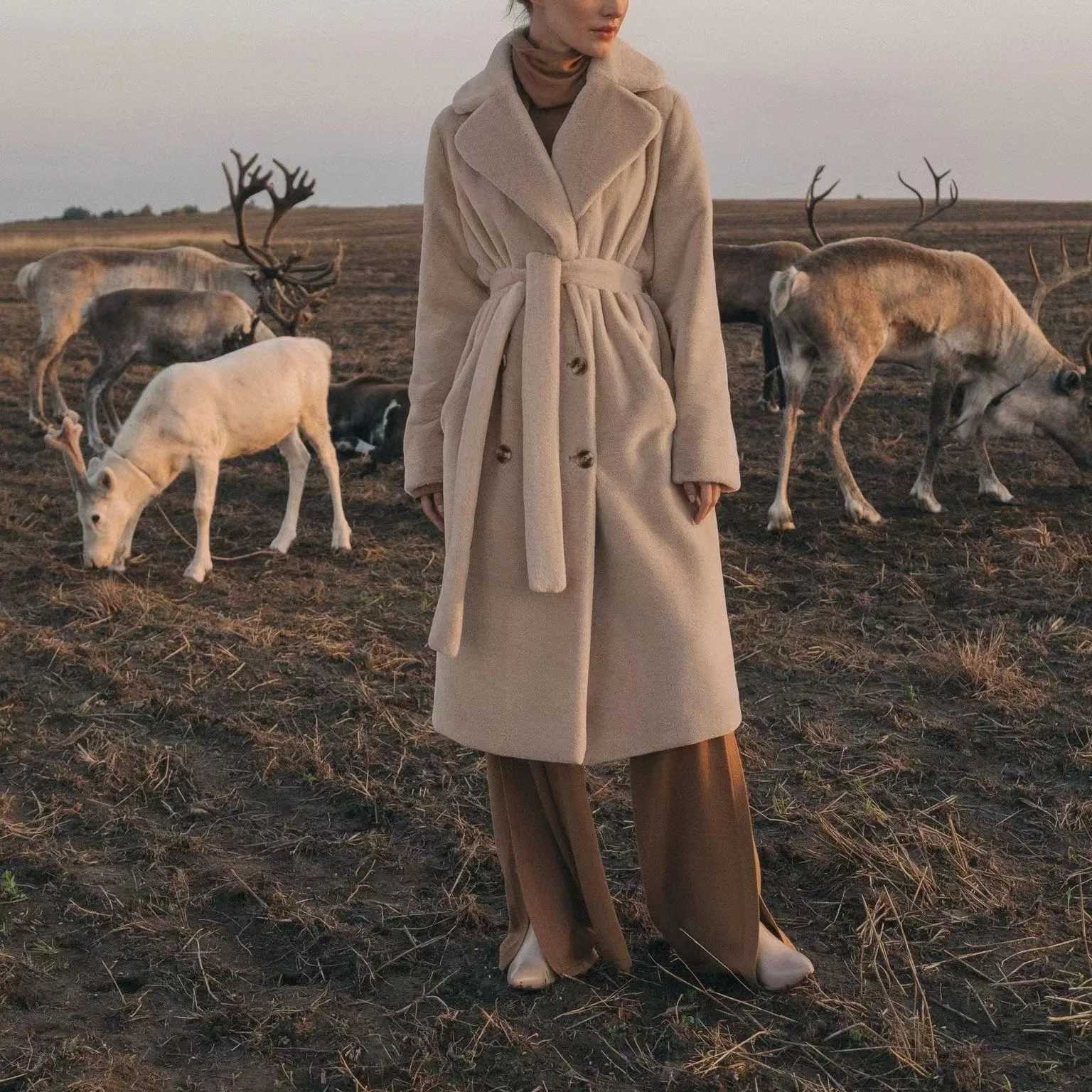 Belted Winter Womens Mink Fur Overcoat Solid Lapel Collar Long Female Eco Fur Coat Double Breasted Detailed Lady Faux Fur Coat J251124