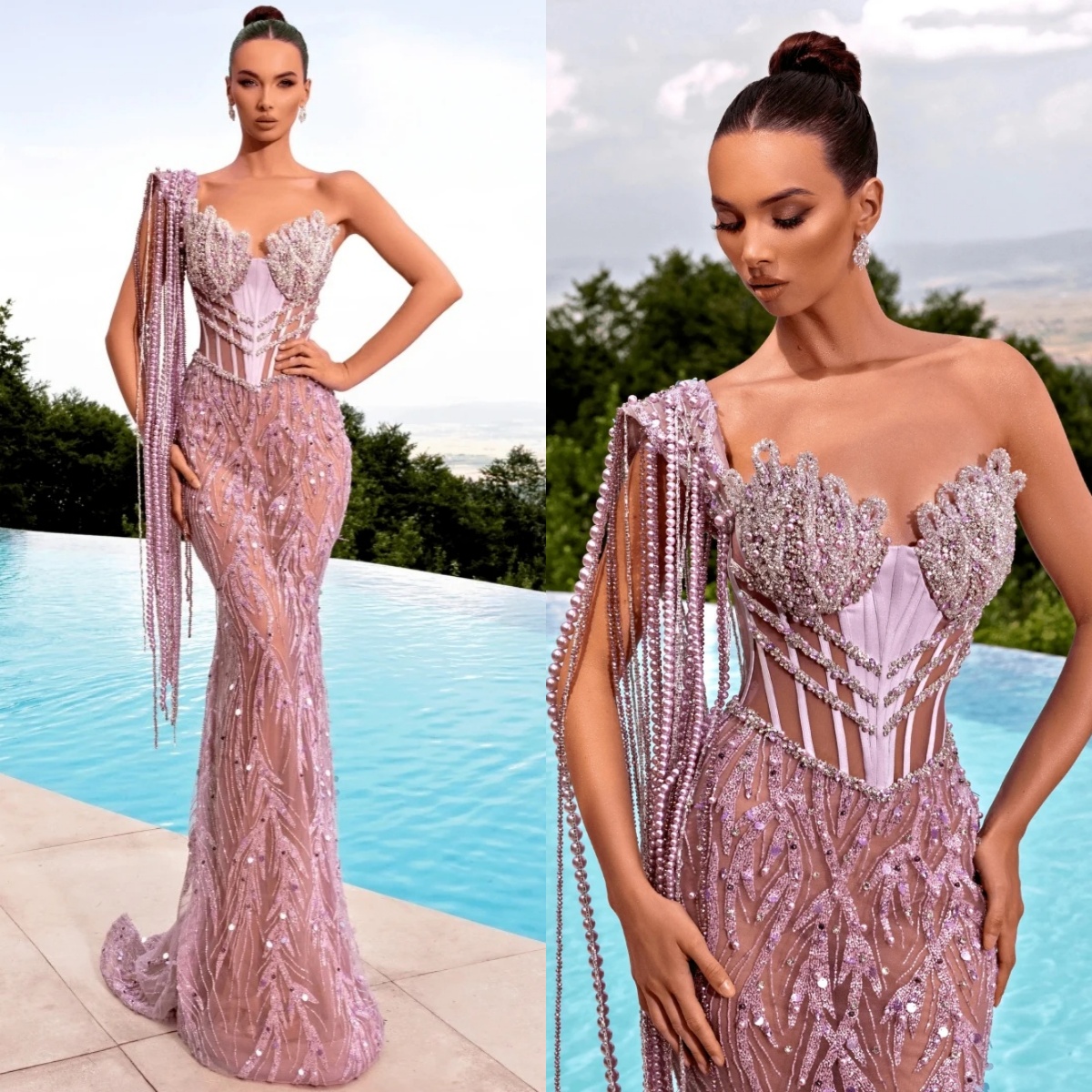 Fashion Pearls Evening Dresses Sequins Beading Prom Gowns One Shoulder Tassel Illusion Customized Formal Occasion Party Dress Vestidos de noche