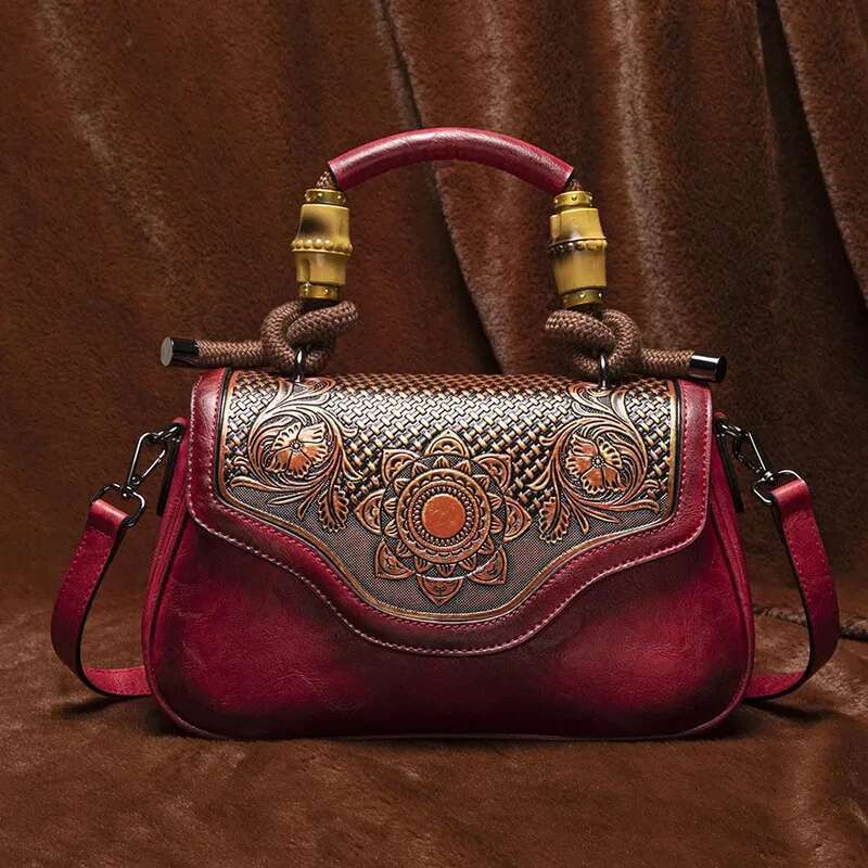 MOTAORA 2025 New Vintage Leather Women's Handbag Bamboo Handle Flap Zip Closure Adjustable Strap | Handmade 3D Eming