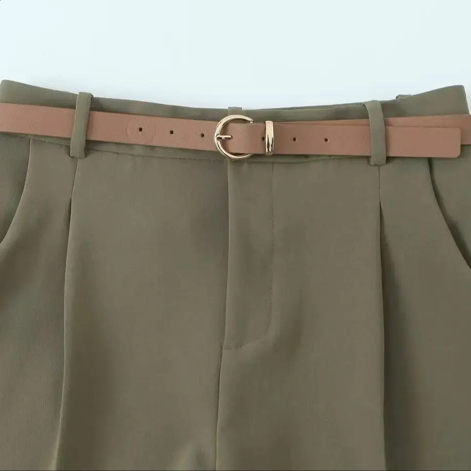ZBZA Womens Belted High Waist Suit Pants Basic Concealed Zipper Button Double Pocket Pleated Solid Loose Trousers Spring Pants 250421