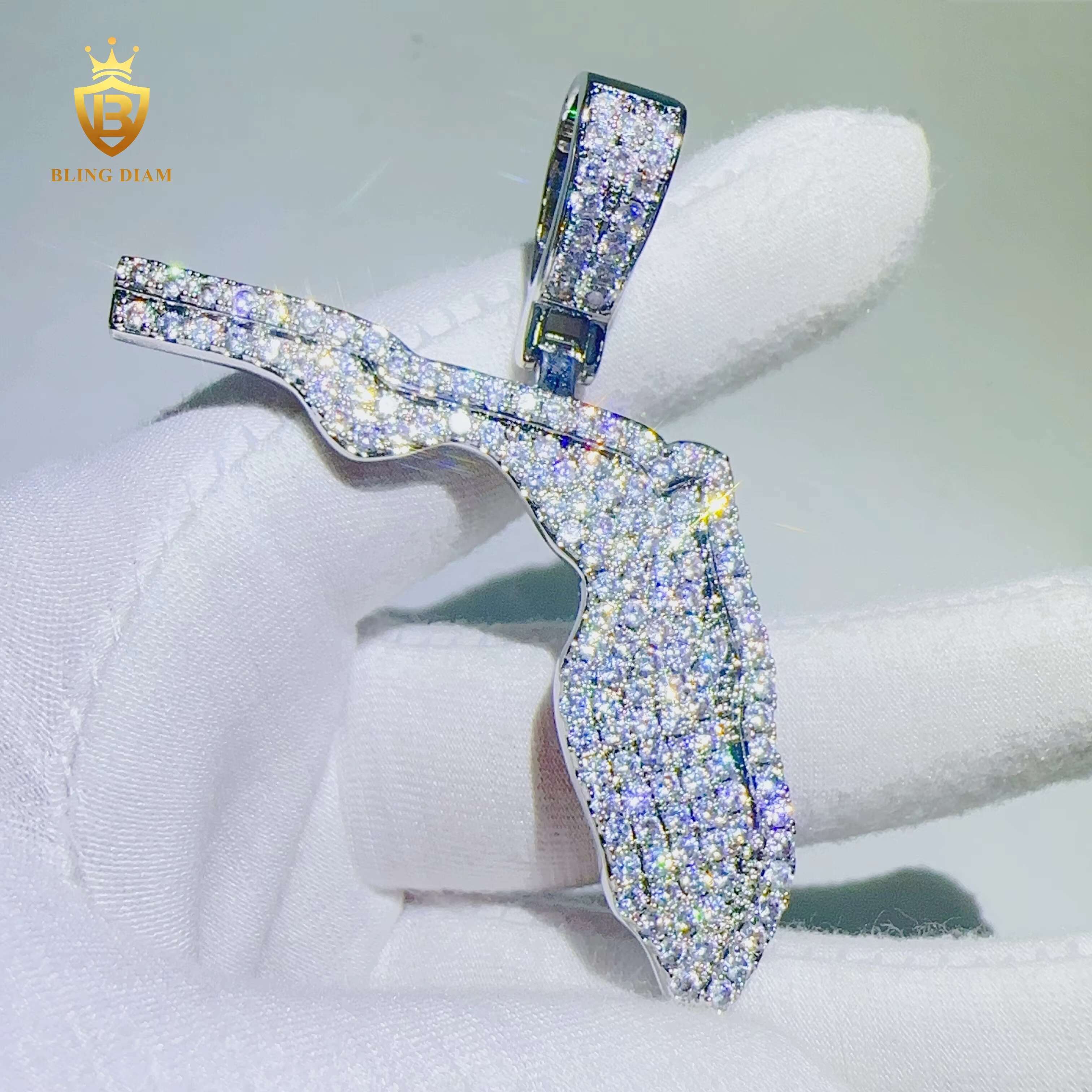 Wholesale Custom Hip Hop Jewelry Iced Out VVS Moissanite Diamond Necklace Set Florida Map Design Pendant