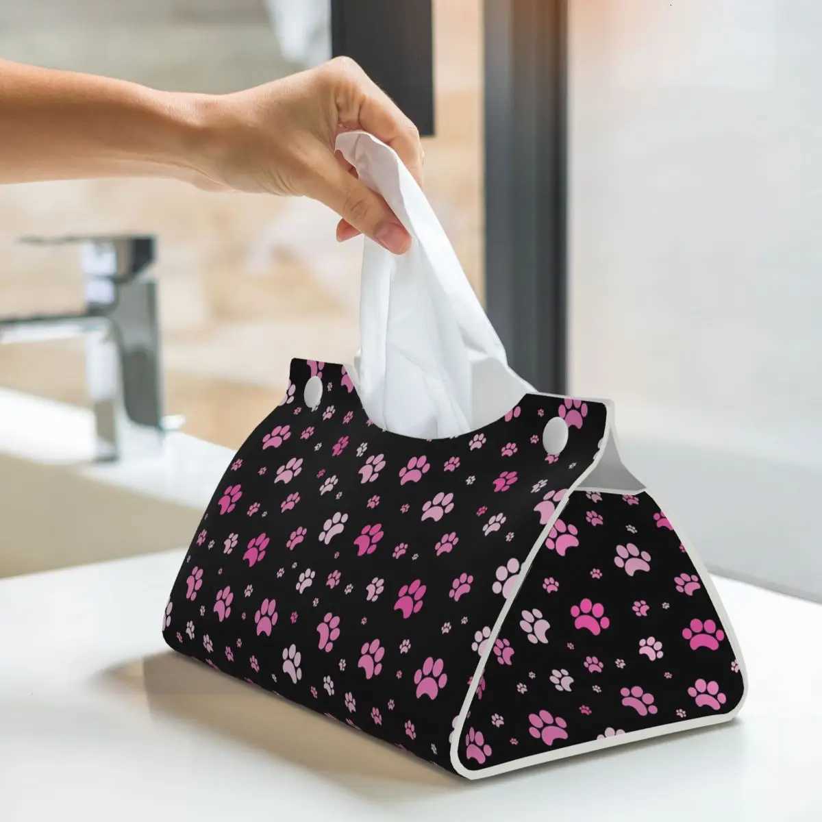 Custom Red And Pink Dog Paw Pattern Tissue Box Cover for Bathroom Car Rectangular PU Leather Facial Tissue Box HolderM251124