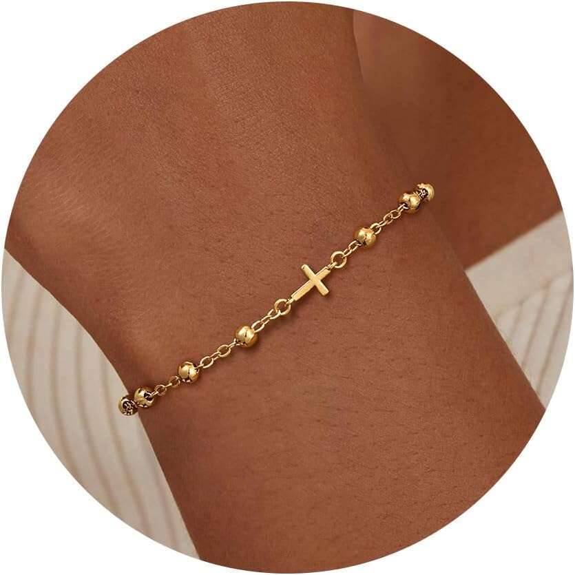 Bracelets Trendy, Dainty 14K Plated Rosary Bead Gold Small Cross Bracelet Cute Adjustable Jewelry Christian Gifts for Women