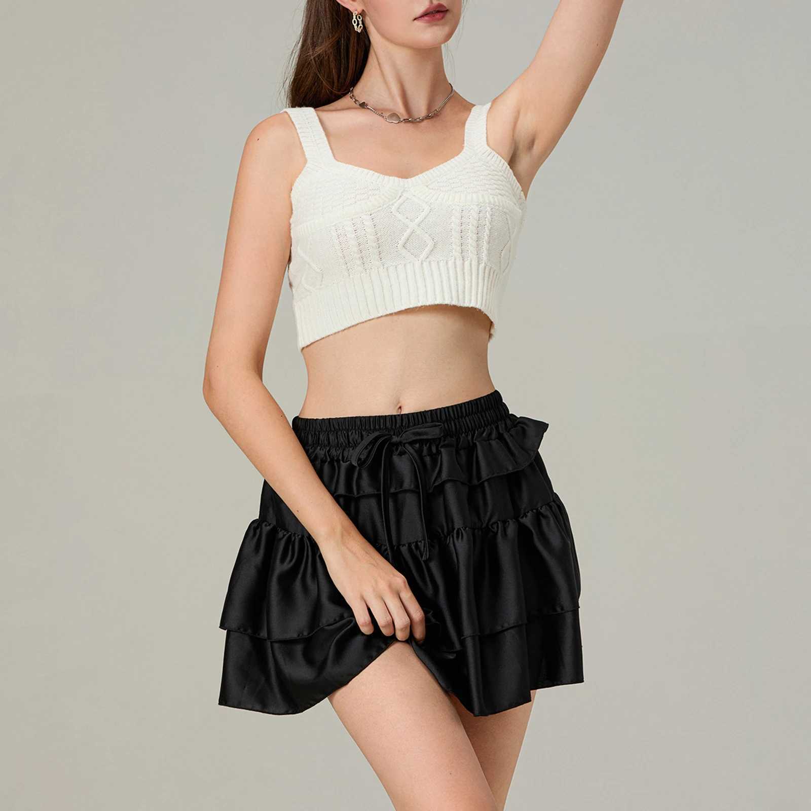 Womens Fashion Mini Skirt Layered Ruffle Solid Color Brushed Elastic Waist Skirt Summer Casual Short Skirt M250424