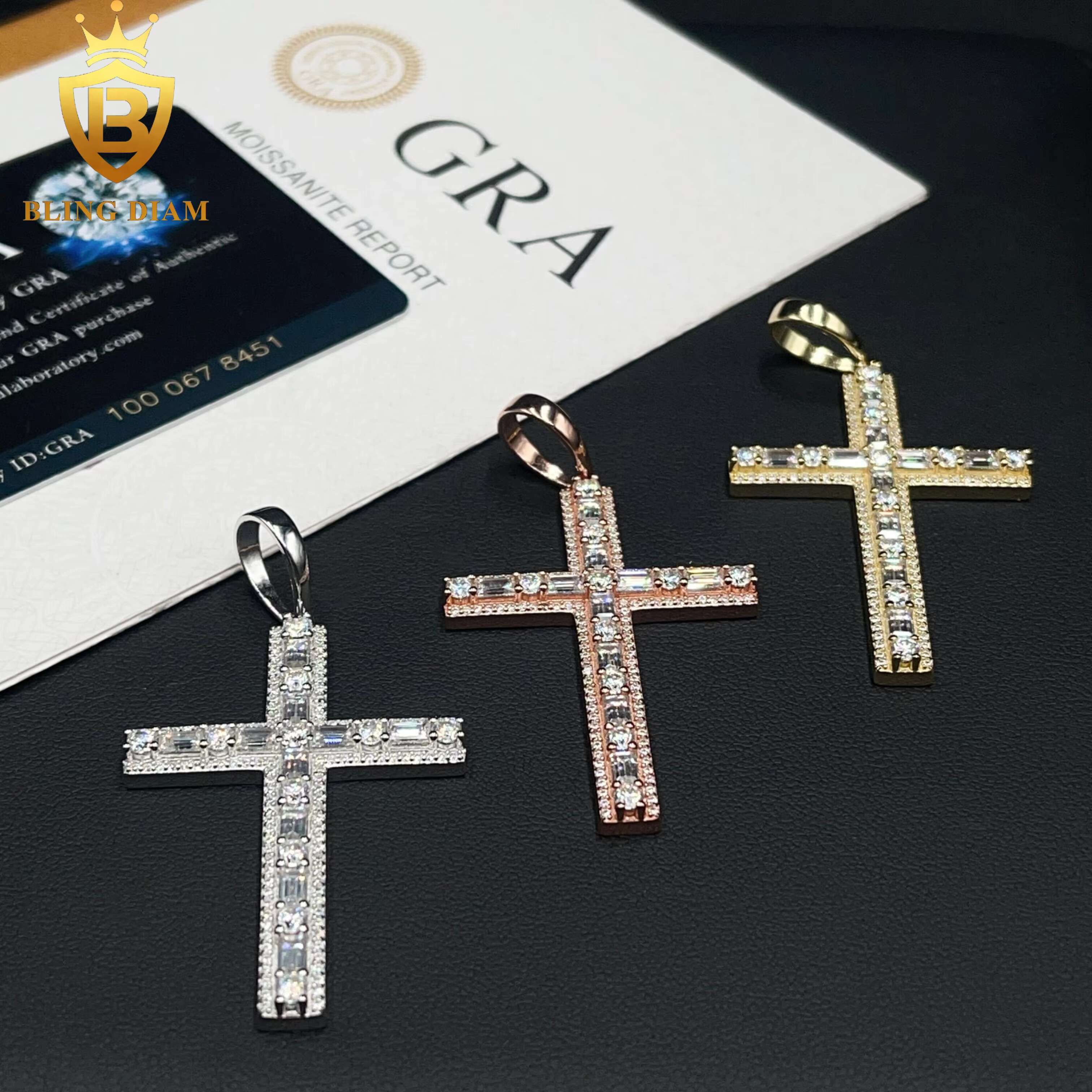New Custom Hip Hop Jewelry VVS Moissanite Diamond Iced Out 925 Silver Cross Pendant Necklace