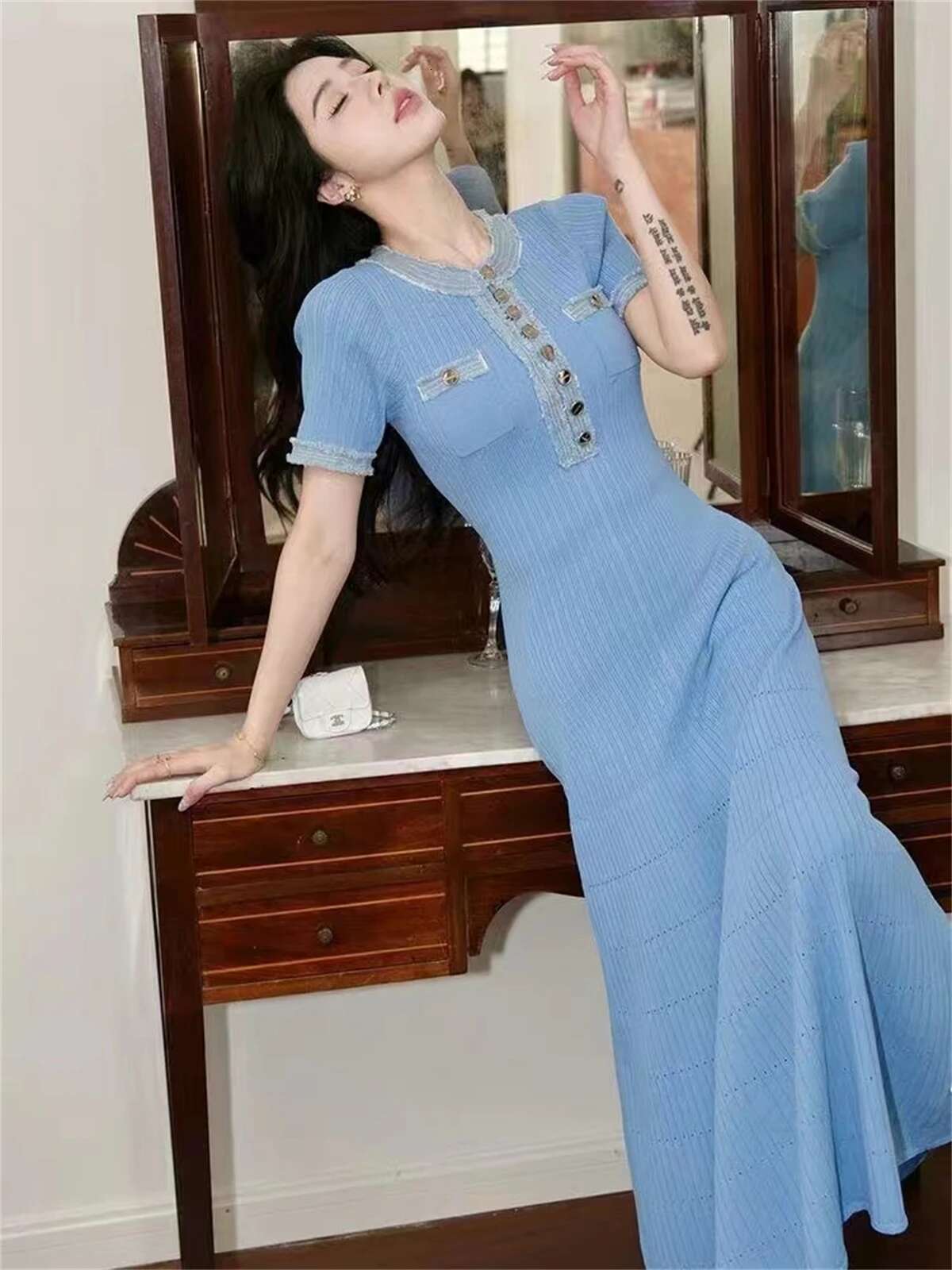 Elegant Knitted French Dress For Women 2025 New In Chic Patchwork Buttons Short Sleeve Dresses Lady Casual Street Evening Robes