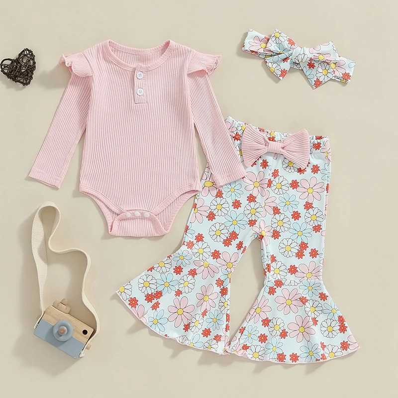 Clothing Sets 2024-05-27 Lioraitiin Baby Girl Fall Outfit Ruffle Ribbed Long Sleeve Romper Flower Flare Pants Tie Bow 3 Piece Set R250424