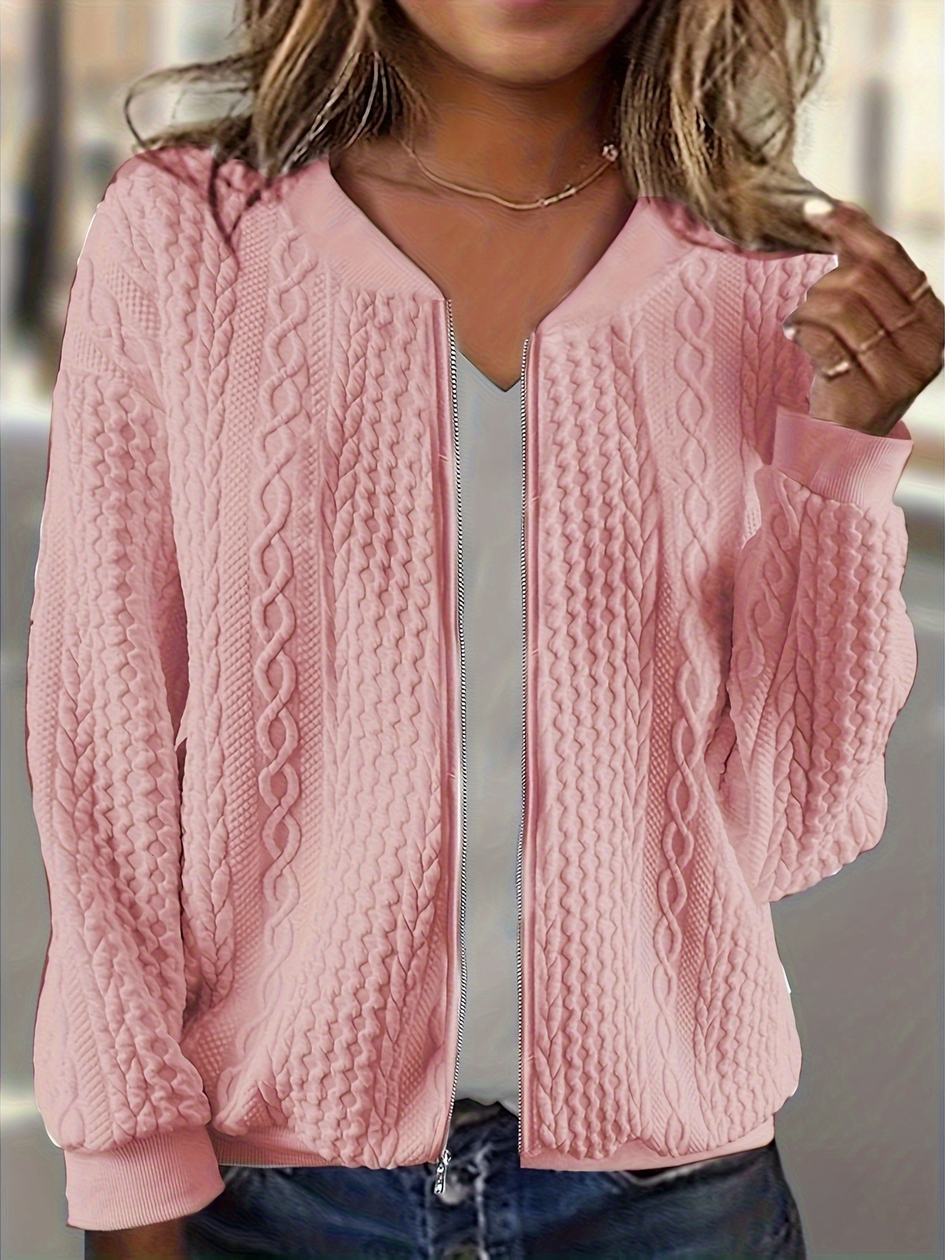 2024 autumn and winter new comfortable loose jacquard stand up collar zipper long sleeved sweatshirt jacket womens clothing