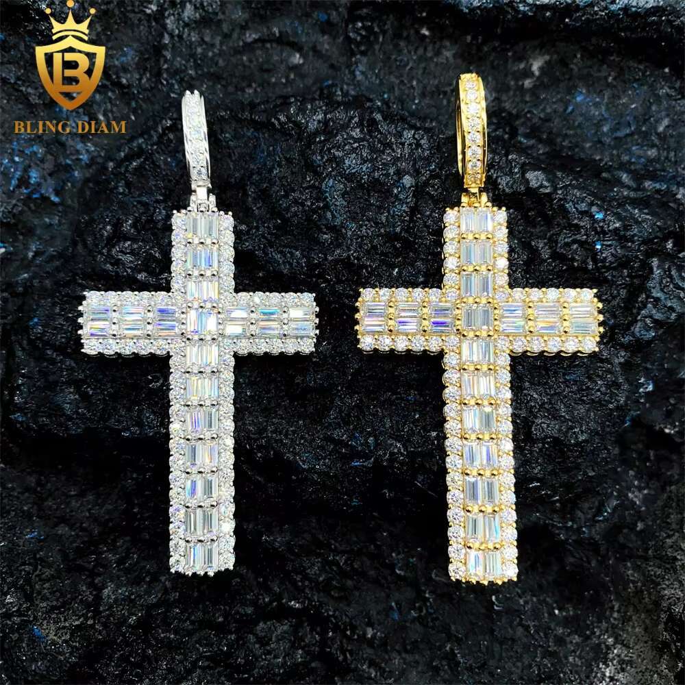 Hip Hop Jewelry 925 Sterling Silver Iced Out Baguette Moissanite Diamond Cross Pendant 2 Size
