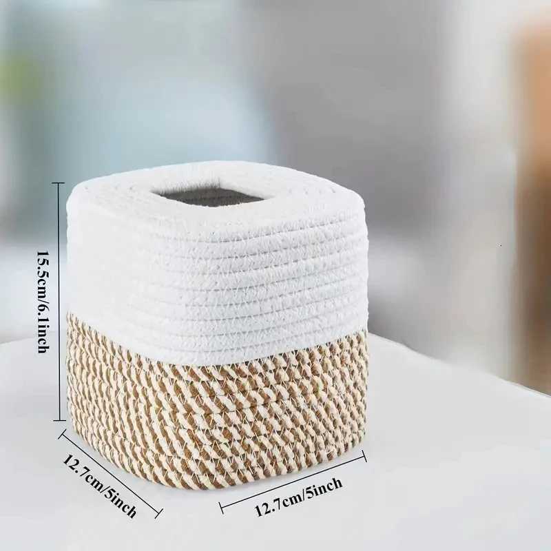 1pc Cotton Thread Tissue Box Square Desktop Napkin Decorative Box Multi-functional Hand-woven Storage Basket Tissue Storage BoxM251124