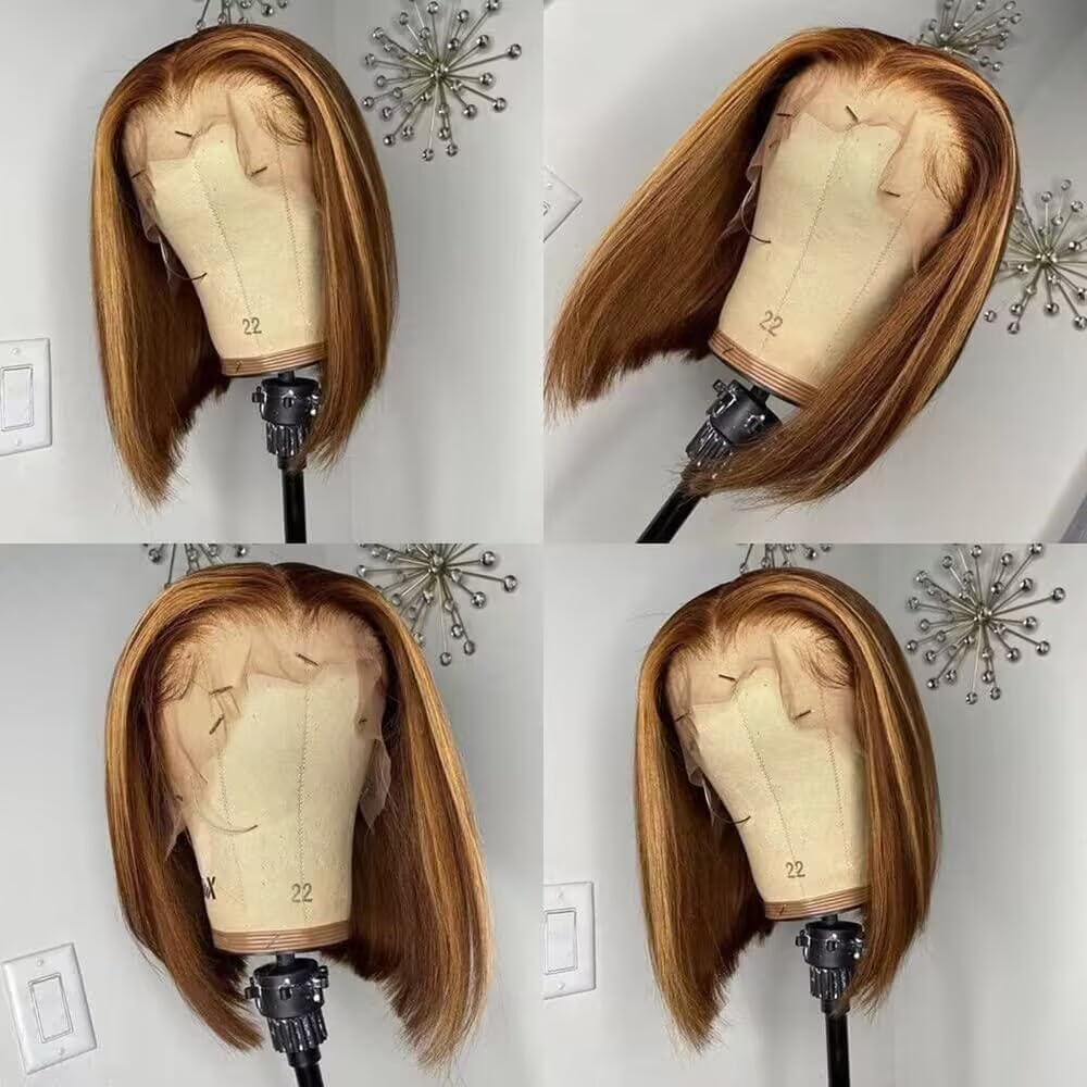 13x4 Bob Wig Highlight Blonde Lace Front Brazilian Human Hair For Black Women Pre Plucked Short Wigs Natural Straight Hair HD Frontal Closure Wig Shor