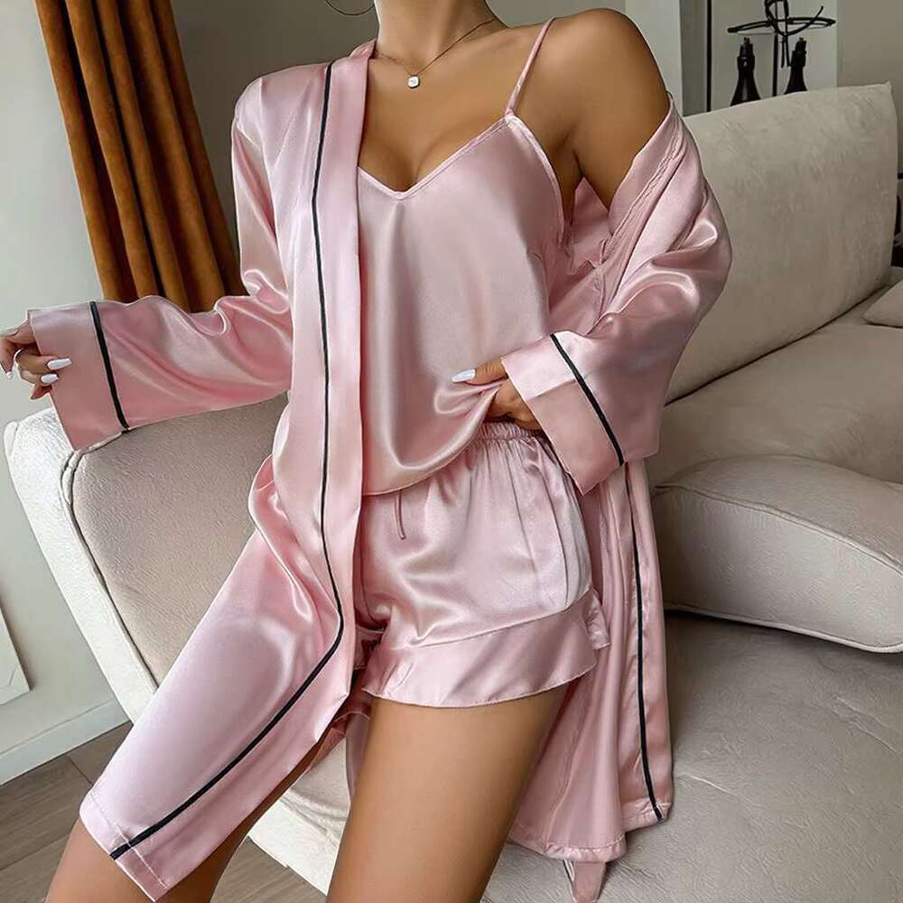 Ice Silk Pamas Women's Halter Shorts Nightgown Three-Piece Sleepwear Summer Comfort Outside Home Wear