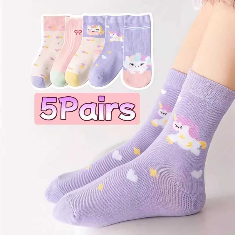 5 Pairs Cute Pattern CHIldrens SOCKS for Girls Autumn Winter Bow Mid-Calf SOCKS for Kids Soft Cotton SOCKS G251124