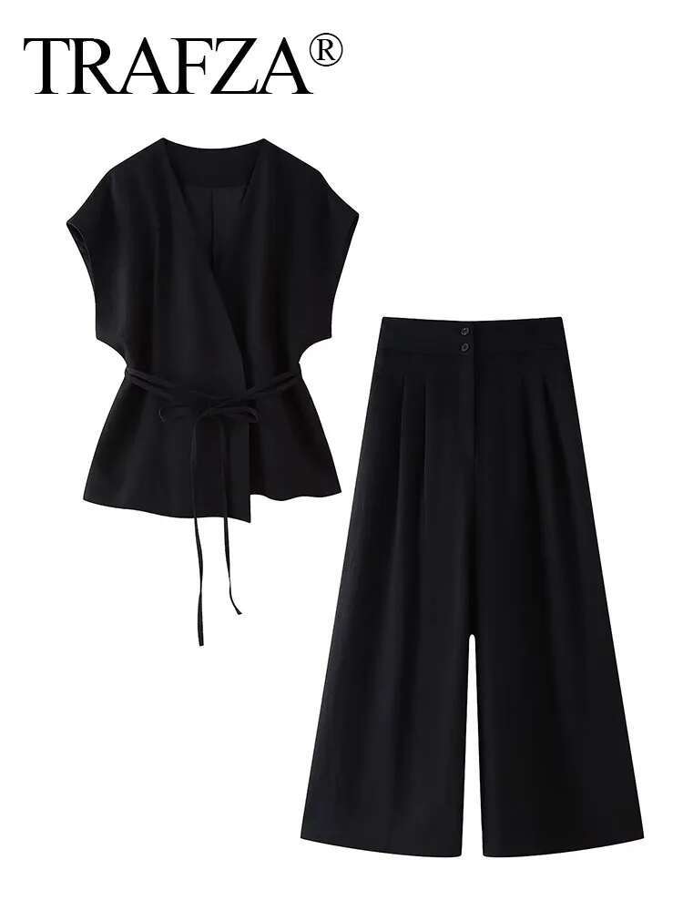 TRAFZA Summer Women's Pants Suits Double-Lapel Lace-Up Tank Tops+With Zipper Pocket Pleated Solid Loose Trousers Sets Casaul
