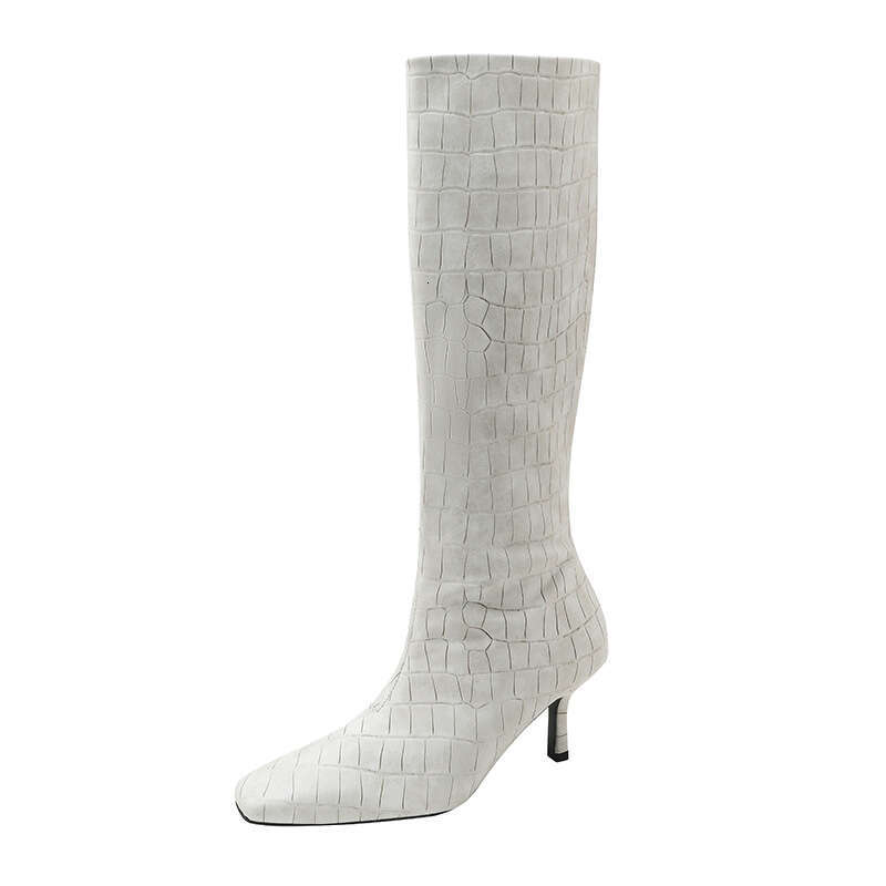 Woman Sandals New Mona Same Style Square Head Heels White Knight Crocodile Pattern High Barrel Over Knee Boots