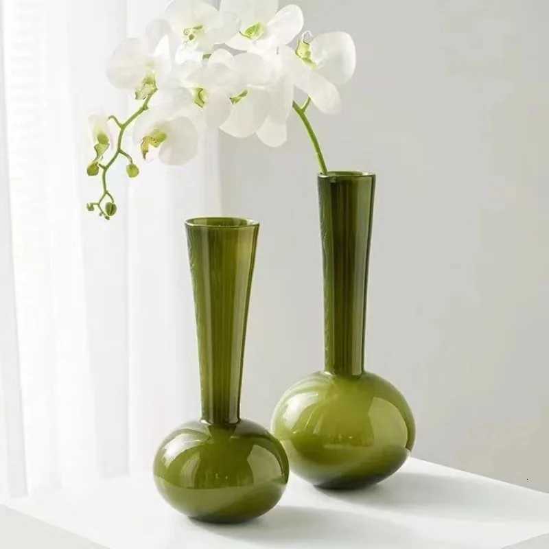 French Style Light Luxury Glass Vase Olive Green Handmade Vase Artistic Flower Planter Living Room Desk Decor Home Decoration C251124