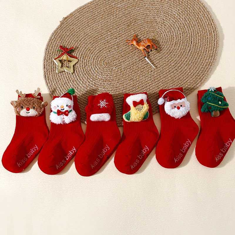Kids Red Christmas Socks Cute Elk Tree Snowman Children Anti-Slip Floor Socks Boy Girl Winter Warm Mid Tube Sock Xmas Footwear G251124