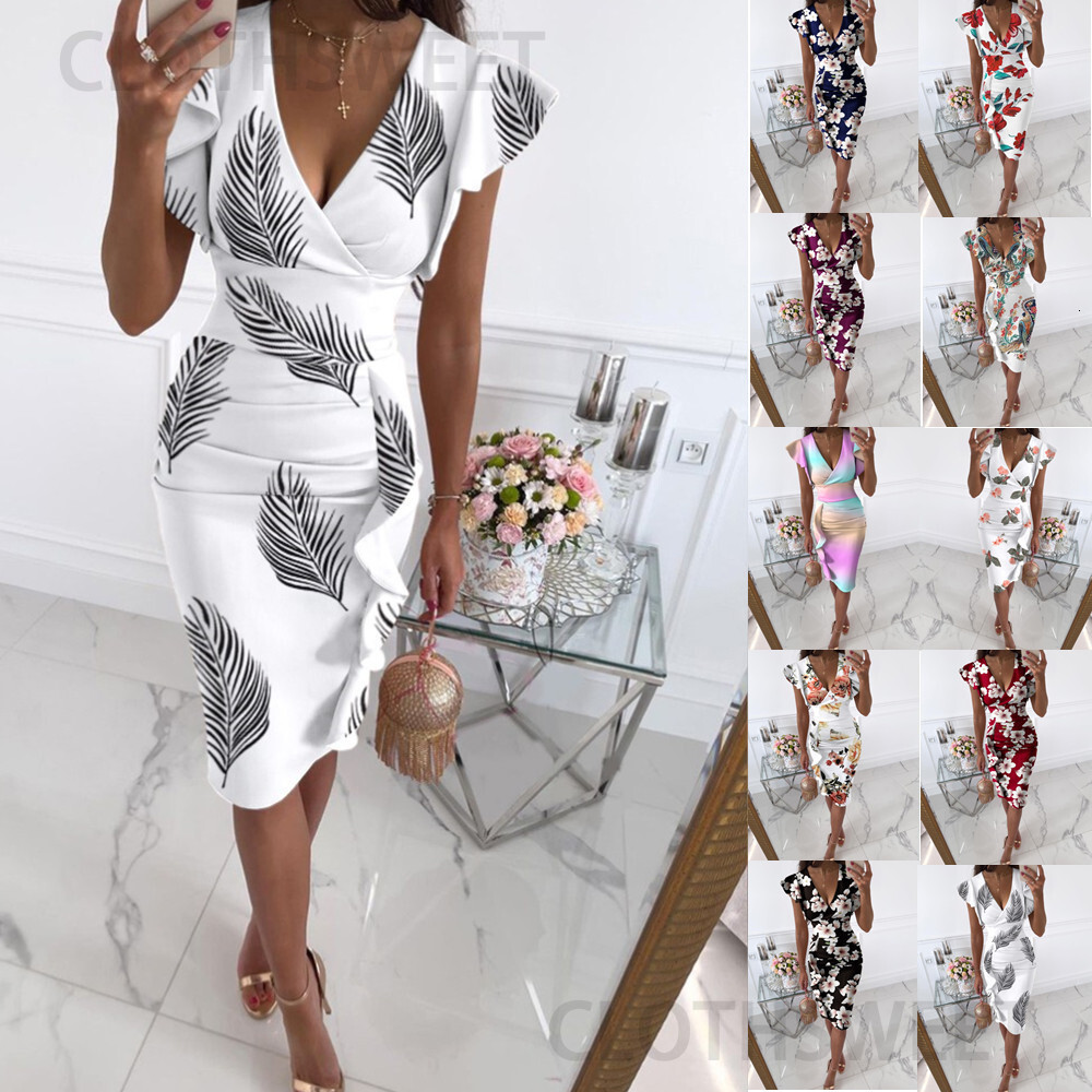2021 summer V-neck slim waist tuck Ruffle Dress