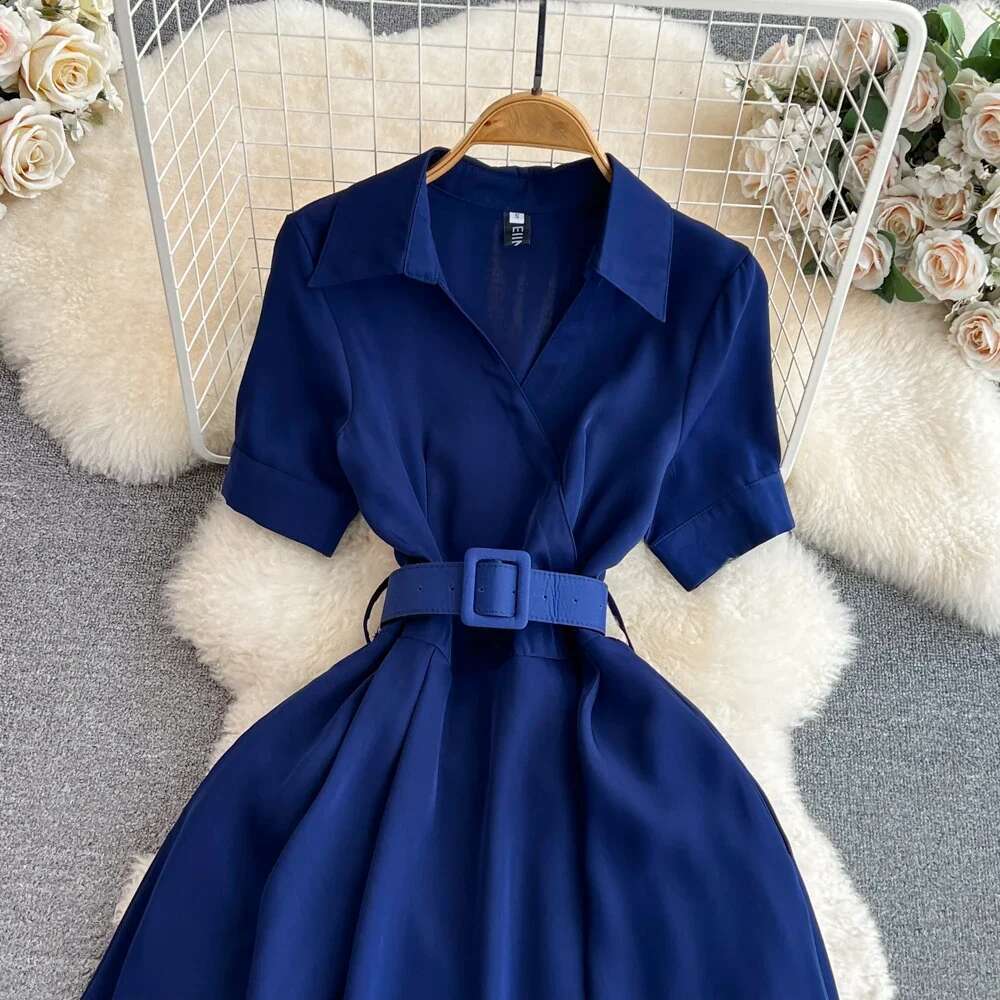 French Chic Summer Dress For Women Turn Down Collar Short Sleeve Belted Female OL Dresses Ladies Long Vestidos Dropshipping