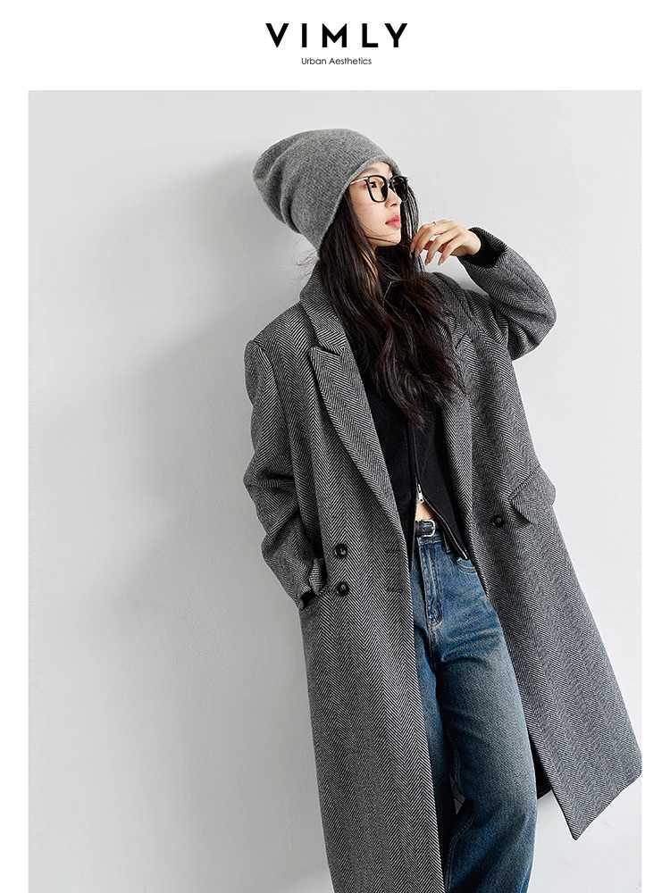 VIMLY Women Elegant Wool Blend Long Blazer Coat Fall/Winter Thick Warm Simple Double Breasted Overcoat Office Lady Outerwears J251124