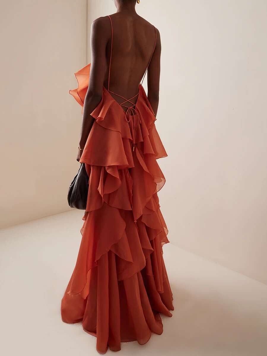 VGH Chic Long Style Women's Loose Dresses With Ruffles Halter Sleeveless Spliced Large Flower Chiffon Dress Female Clothing New