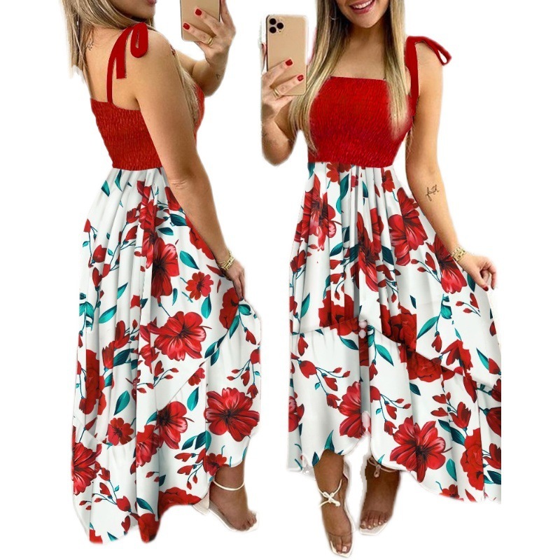 1685# short sleeved new suspender patchwork printed irregular strapless dress